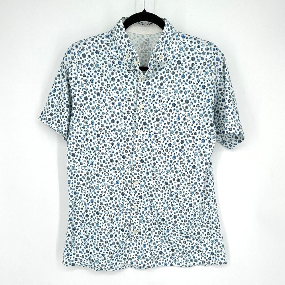 DESOTO Men's Short Sleeve Button Down Jersey Shirt Blue Floral Print Size Medium